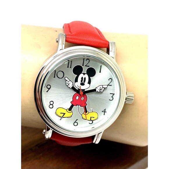 Disney Mickey Mouse Women's Watch Silver Tone Case 38mm Red Leather Band… - Picture 11 of 14